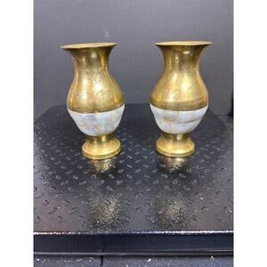 Pair of Mother of Pearl Brass Vases with Etchings - pair